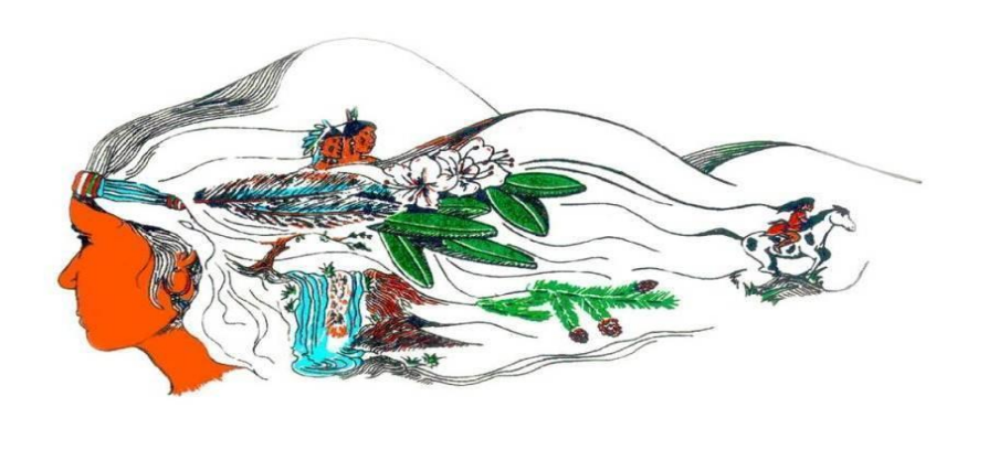 Issaqueena art with Indians, a waterfall and Issaqueena on horseback.