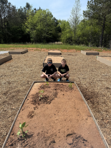 Children planting in garden area